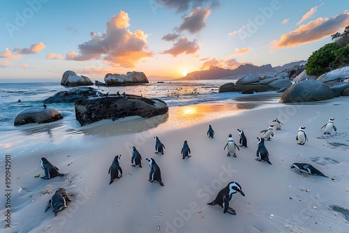 Tranquil Penguins Gather at Picturesque Boulders Beach Amidst Glowing Sunset Scenery