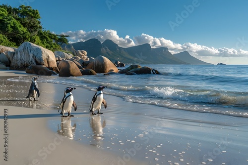 Serene Boulders Beach in South Africa with Curious African Penguins Exploring the Unique Coastal Landscape
