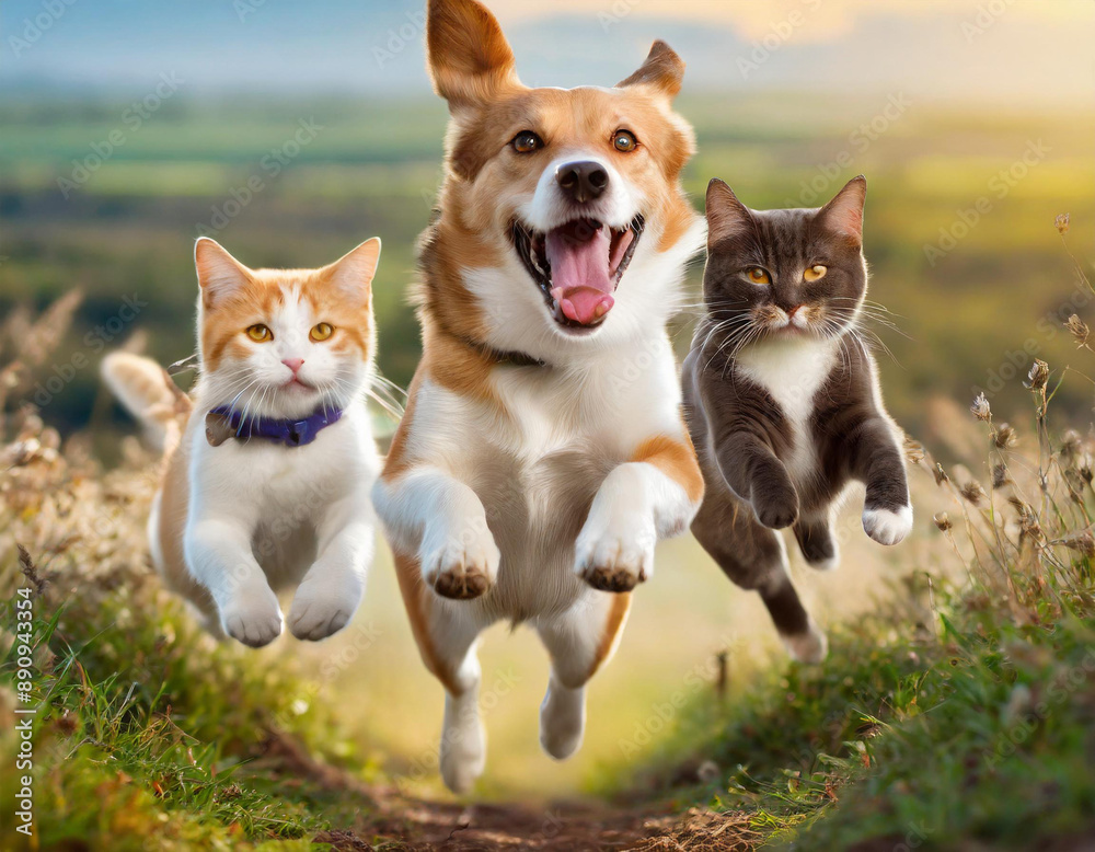 Cute funny dog and cat group jumps and running and happily a field blurred background Cute funny dog and cat group jumps and running and happily a field blurred background