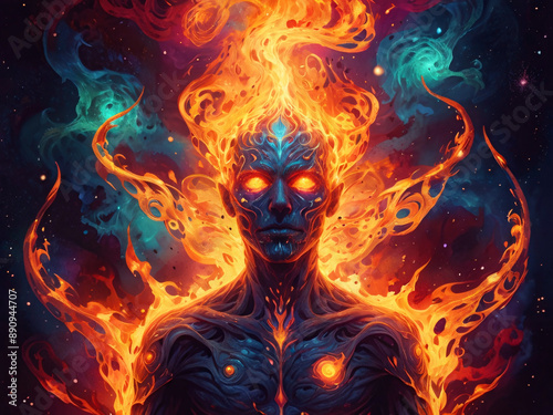Illustration of a cosmic entity composed of flames and smoke






