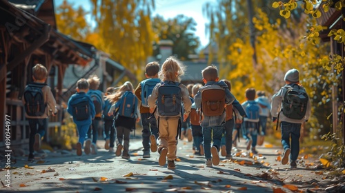 Group of Children Running Down a Pathway in Autumn © fotofabrika