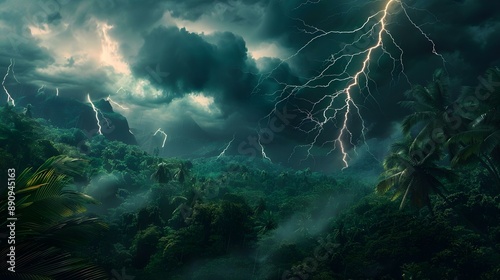 Powerful tropical storm illuminating a lush jungle