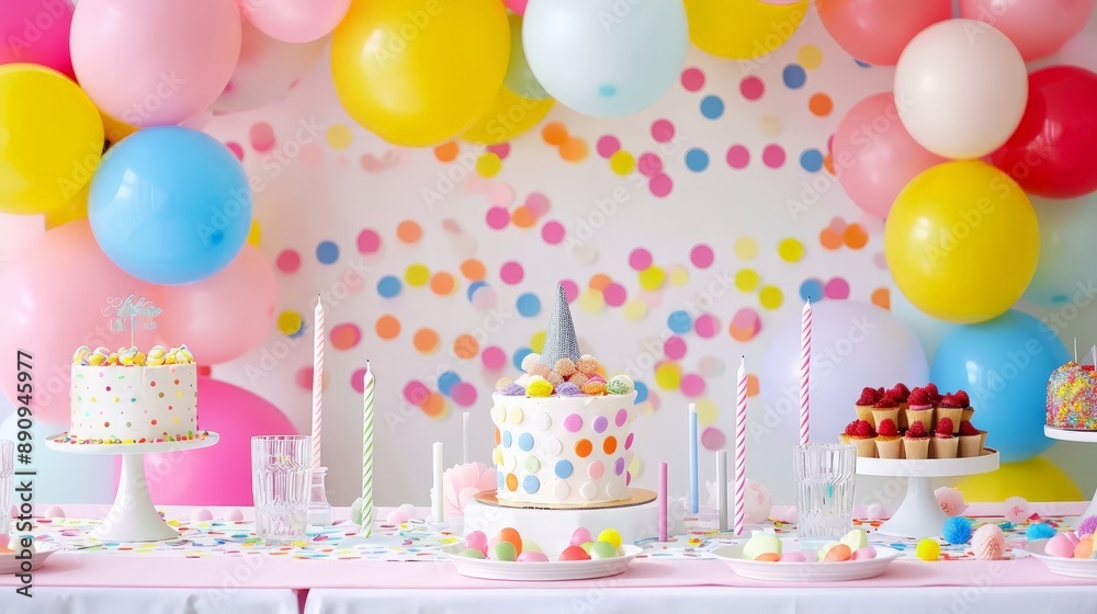 Vibrant party table with colorful balloons, confetti, and a birthday cake Vibrant party table with colorful balloons, confetti, and a birthday cake