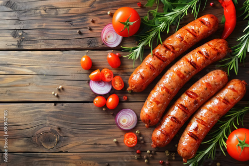 Grilled Sausage Links with Fresh Herbs and Vegetables on Rustic Wooden Background