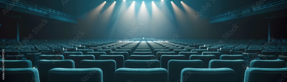 Obraz premium Empty theater with rows of seats, illuminated by stage lights, creating a dramatic and quiet ambiance, perfect for performance and events.