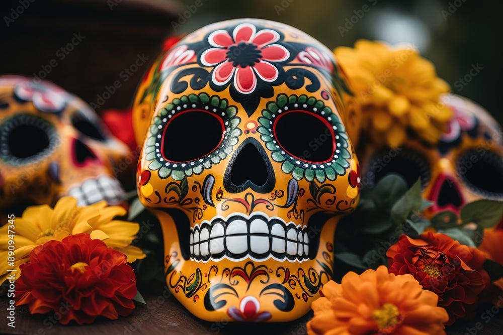 Dia de muertos: a mexican skull adorned with flowers, symbolizing the vibrant and poignant celebration of life and death, honoring the spirits of ancestors with colorful and meaningful traditions Dia de muertos: a mexican skull adorned with flowers, symbolizing the vibrant and poignant celebration of life and death, honoring the spirits of ancestors with colorful and meaningful traditions