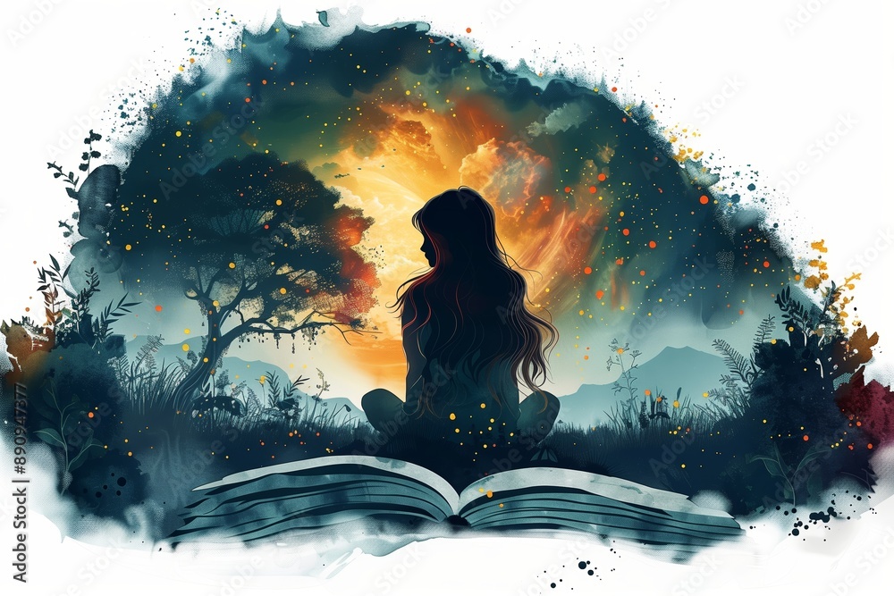 Fototapeta premium Silhouette Of Woman Sitting On Open Book With Watercolor Sunset And Trees In Background
