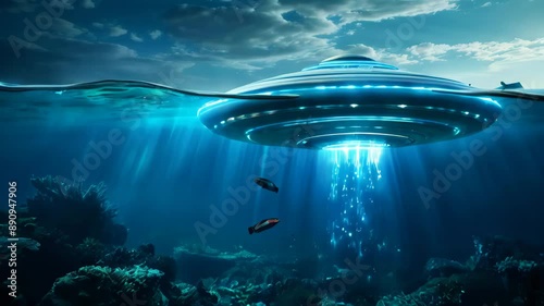 Alien UFO Underwater Base on Earth with Fish in Animated Scene