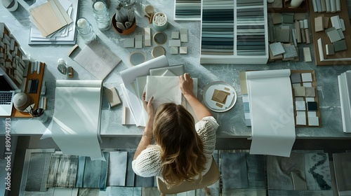 Overhead photo of woman interior designer at work