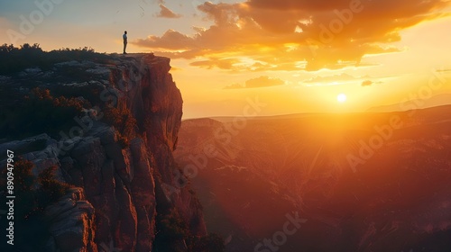 Man standing on top of cliff at sunset