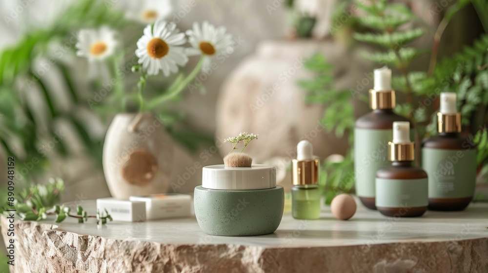 Beauty products and greenery on wooden table with flowers in background for beauty and wellness concept Beauty products and greenery on wooden table with flowers in background for beauty and wellness concept
