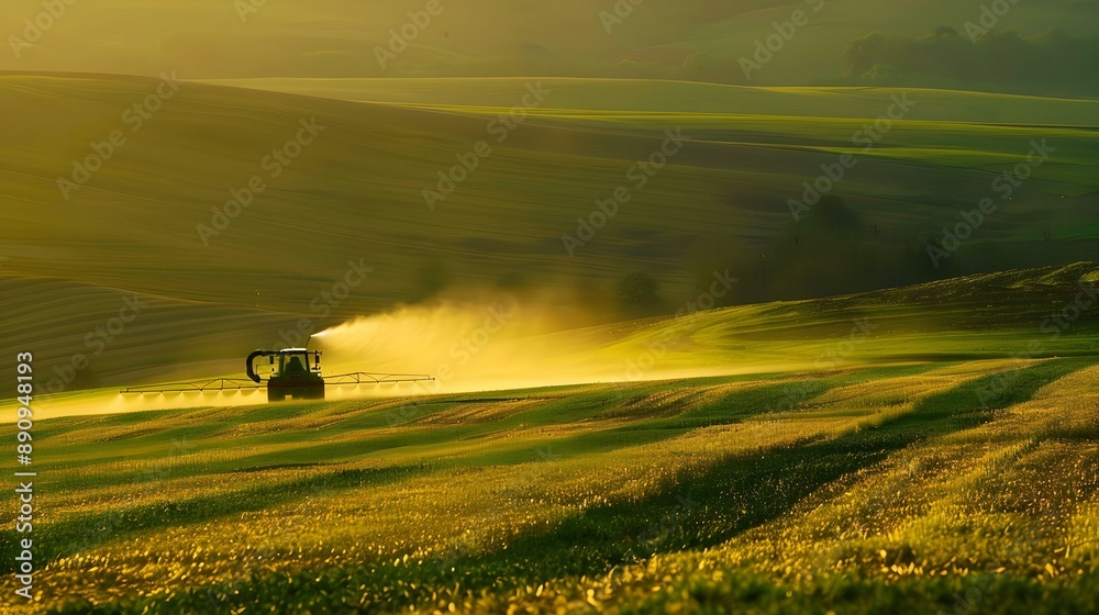 Spraying agricultural field on a farm landscape Spraying agricultural field on a farm landscape