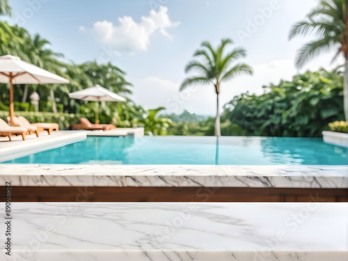 Wallpaper Mural Empty white marble stone table top and blurred swimming pool in tropical resort in summer banner background - can used for display or montage your products. Torontodigital.ca