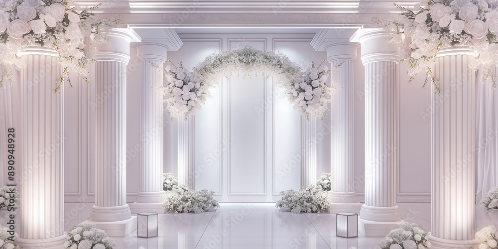 Elegant wedding ceremony venue decorated with white floral arrangements