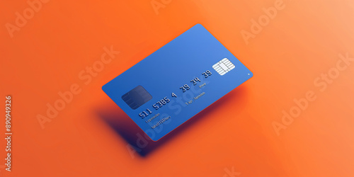Blue credit card floating on vivid orange background