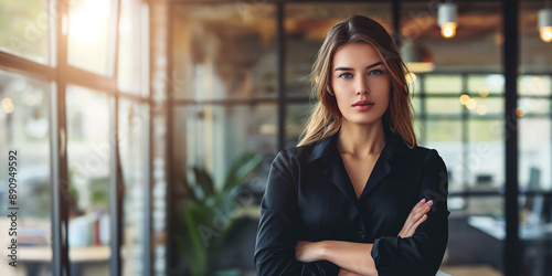 Confident businesswoman posing with arms crossed in modern office © Andres Mejia