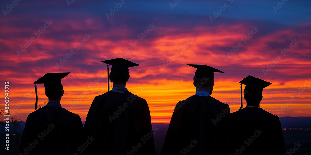 Group of students wearing cap and gown watching sunset after graduation ceremony
