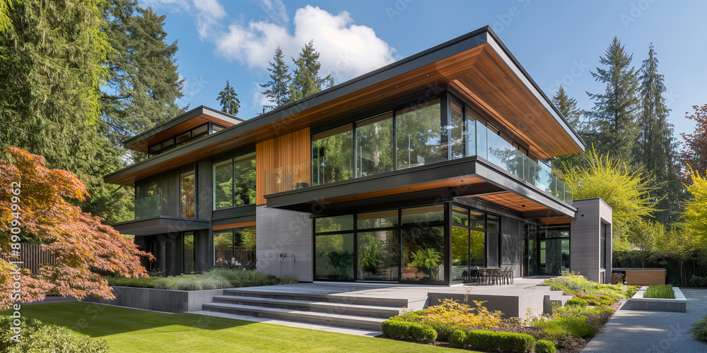 Modern luxury home nestled in forest surrounded by lush green landscape Modern luxury home nestled in forest surrounded by lush green landscape