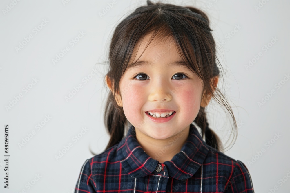 A smiling young girl with pigtails and a plaid jacket stands against a plain background. Her bright eyes and happy expression convey a sense of joy and charm. A smiling young girl with pigtails and a plaid jacket stands against a plain background. Her bright eyes and happy expression convey a sense of joy and charm.