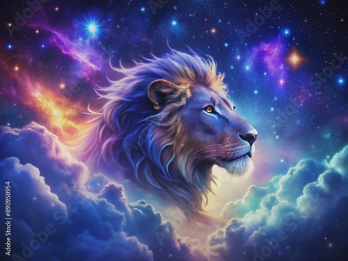 Vibrant lion's head silhouette against a celestial backdrop of twinkling stars, majestic constellations, and swirling clouds of purple and blue hues in a mystical night sky. photo