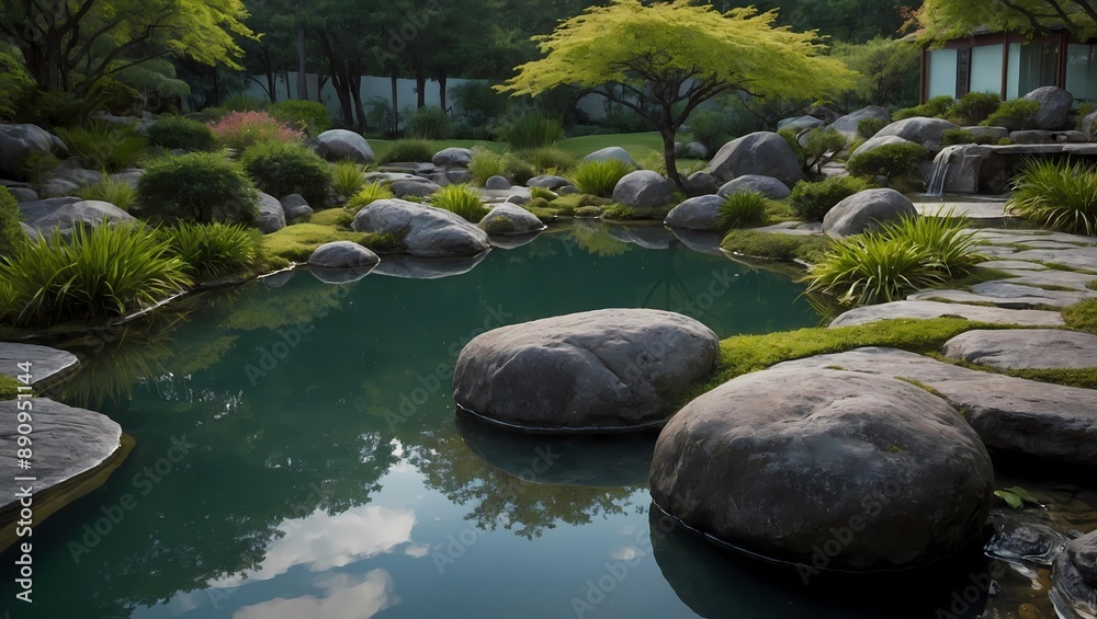 Serene Zen Garden with Lake and Meticulously Placed Rocks and Lush Greenery Capturing Tranquility and Beauty! Serene Zen Garden with Lake and Meticulously Placed Rocks and Lush Greenery Capturing Tranquility and Beauty!