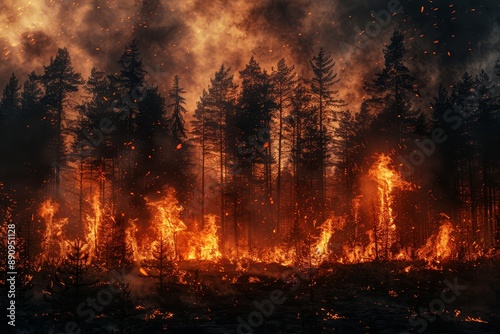 Intense wildfire burning through a dense forest with towering flames and heavy smoke, creating a dramatic and dangerous scene. photo