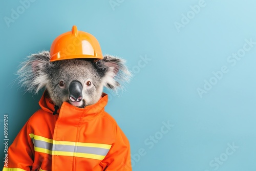 A koala in a firefighters uniform, holding a tiny fire hose, on a light blue background photo