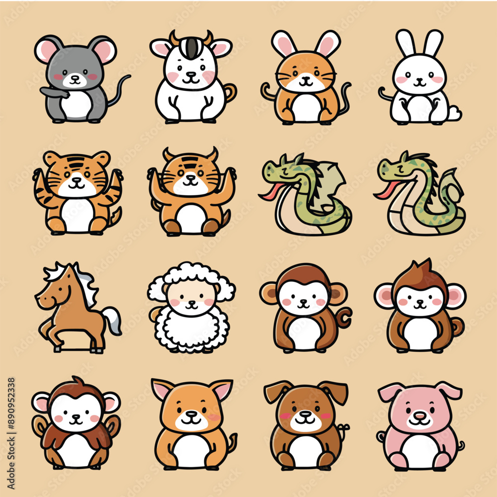 Fototapeta premium Chubby and Cute Chinese Zodiac Animals