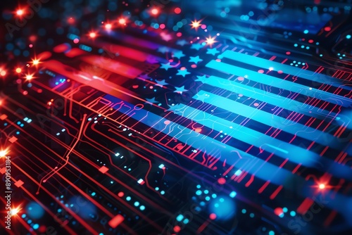 American flag rendered on a circuit board, representing technology and innovation. © Charoen