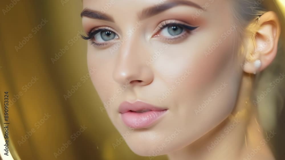 The soft curves of a goldplated mirror perfectly capture the porcelain skin of a model her expression serene and captivating. The soft curves of a goldplated mirror perfectly capture the porcelain skin of a model her expression serene and captivating.