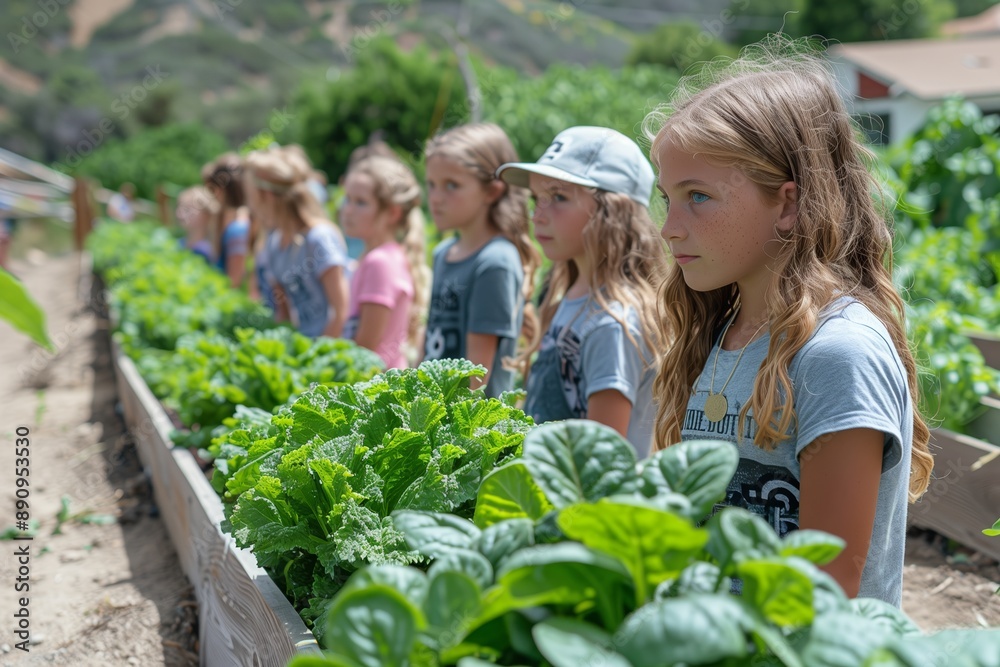 Fototapeta premium Children Observing Growing Vegetables in a Garden