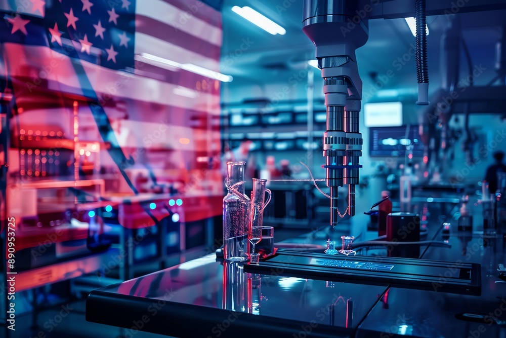 American flag overlayed on a factory setting with automated machinery. American flag overlayed on a factory setting with automated machinery.