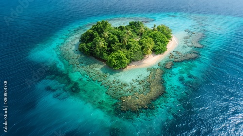 Aerial view of a tropical island surrounded by turquoise blue waters and coral reefs, showcasing lush greenery and sandy shores.