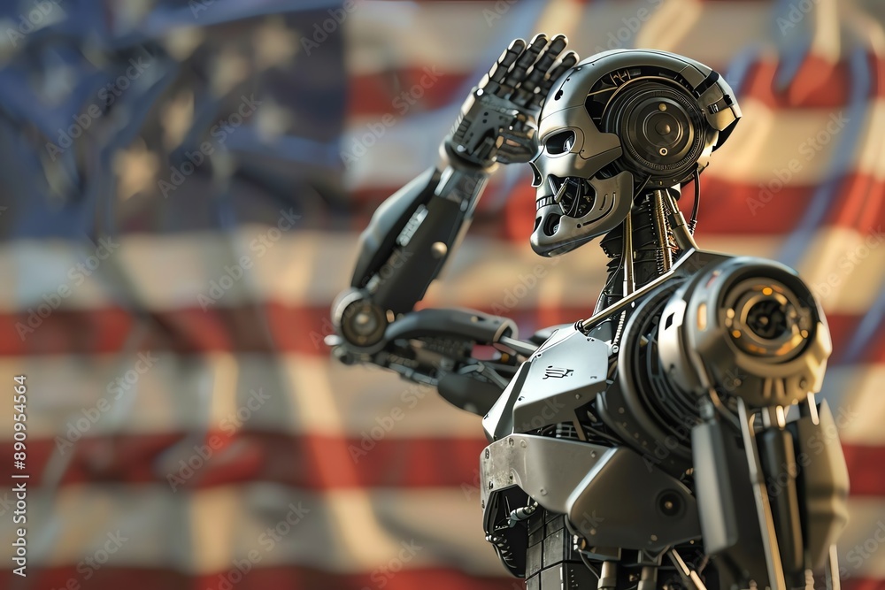 A robotic figure salutes in front of an American flag, symbolizing the future of technology and patriotism. A robotic figure salutes in front of an American flag, symbolizing the future of technology and patriotism.
