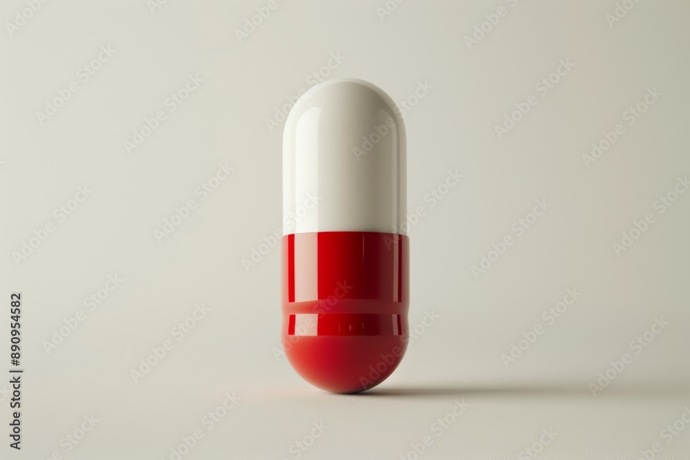 A modernist-style white and red capsule pill is elegantly presented in 3D mock-up fashion against a light white background. A modernist-style white and red capsule pill is elegantly presented in 3D mock-up fashion against a light white background.