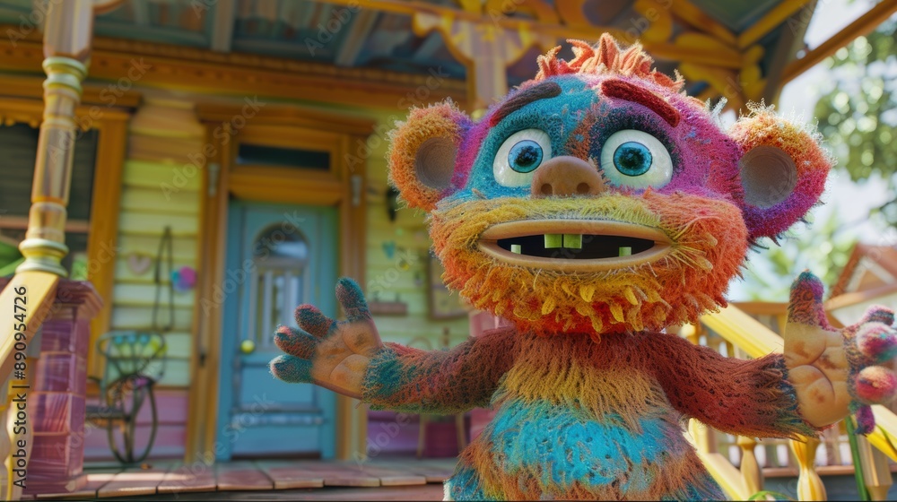 Fototapeta premium A charming 3D-rendered monster stands happily in front of a whimsical house. Perfect for children’s stories or animations, this character adds a touch of fun and imagination.