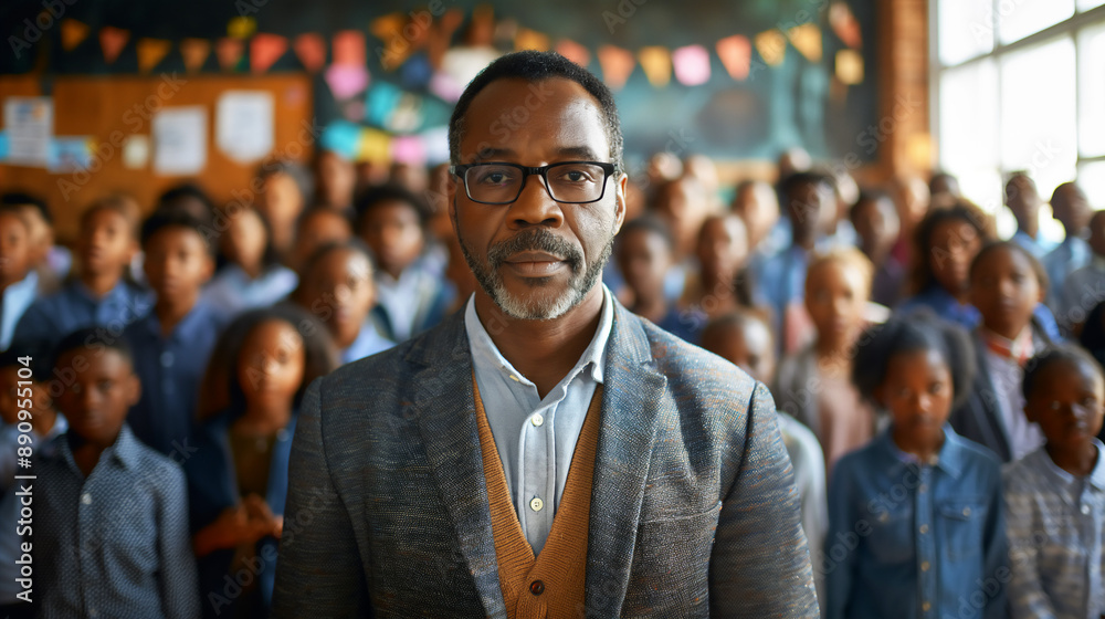 Middle age African-American male teacher in front of diverse elementary school class, copy space Middle age African-American male teacher in front of diverse elementary school class, copy space