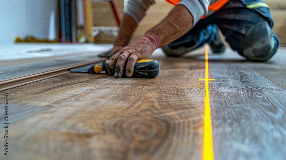A close-up of a worker using a laser level to ensure perfect alignment when installing new vinyl plank flooring A close-up of a worker using a laser level to ensure perfect alignment when installing new vinyl plank flooring