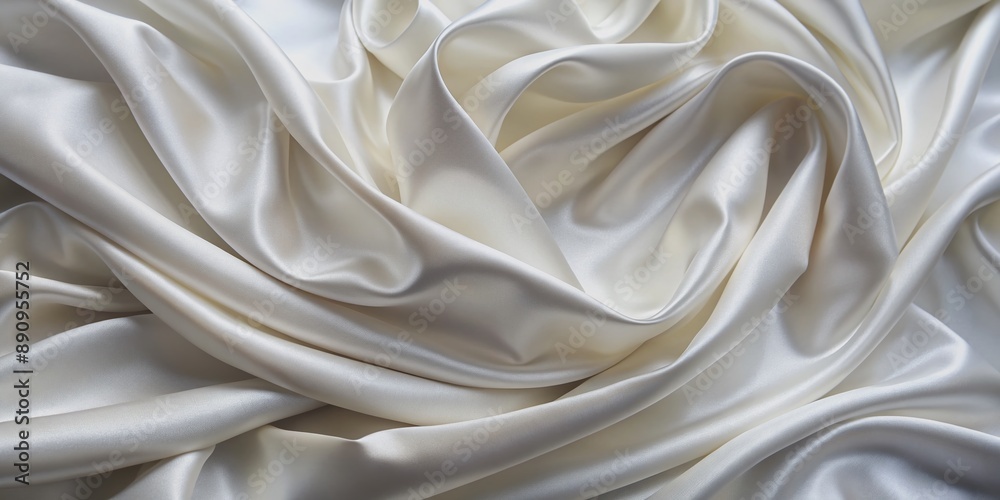Elegant close-up of smooth white silk fabric featuring luxurious folds and textures, exuding sophistication and refinement with its soft, flowing, and sumptuous appearance.