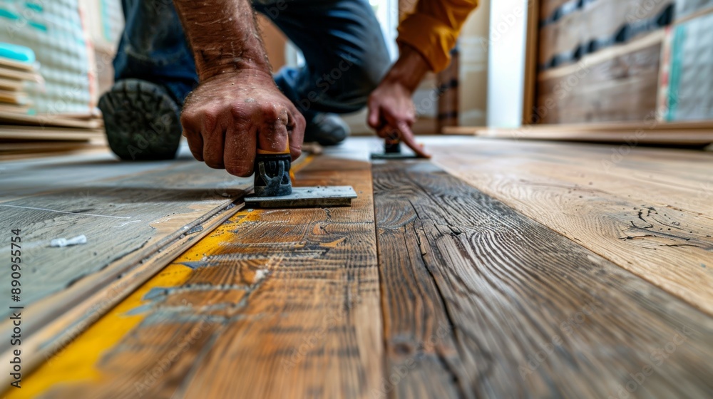 A close-up of a worker using a laser level to ensure perfect alignment when installing new vinyl plank flooring A close-up of a worker using a laser level to ensure perfect alignment when installing new vinyl plank flooring