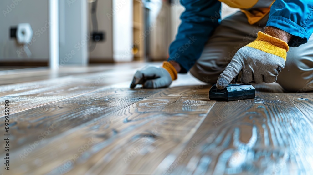 A detailed shot of a technician using a moisture meter to ensure a hardwood floor is ready for refinishing A detailed shot of a technician using a moisture meter to ensure a hardwood floor is ready for refinishing