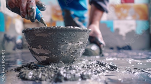 A close-up of a worker mixing grout for a tile repair job, preparing to fill the gaps between new tiles