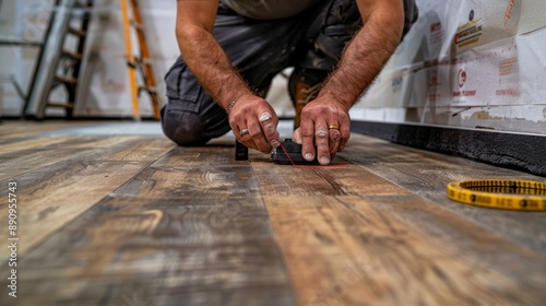 A close-up of a worker using a laser level to ensure perfect alignment when installing new vinyl plank flooring