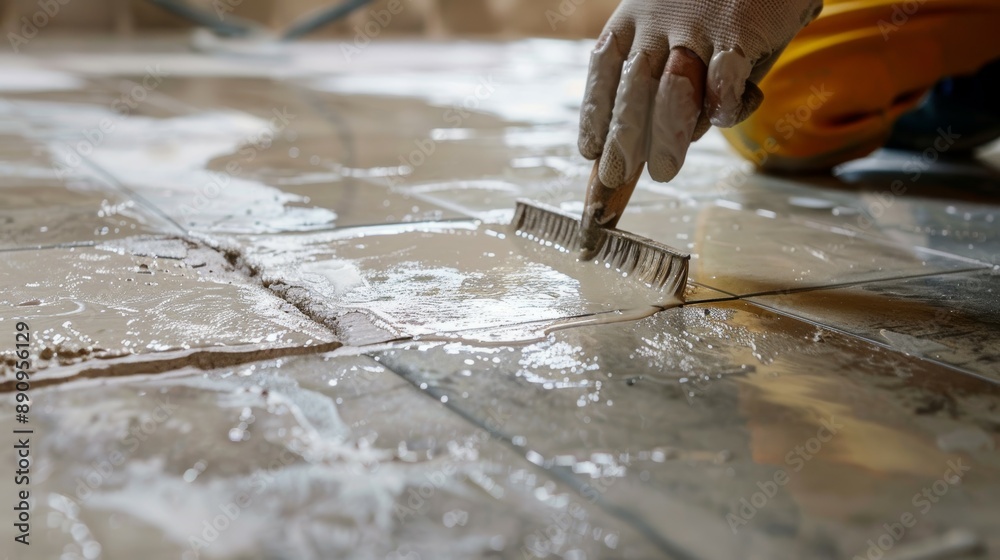 A worker applying a clear sealant to a repaired tile floor, protecting it from future damage and wear A worker applying a clear sealant to a repaired tile floor, protecting it from future damage and wear
