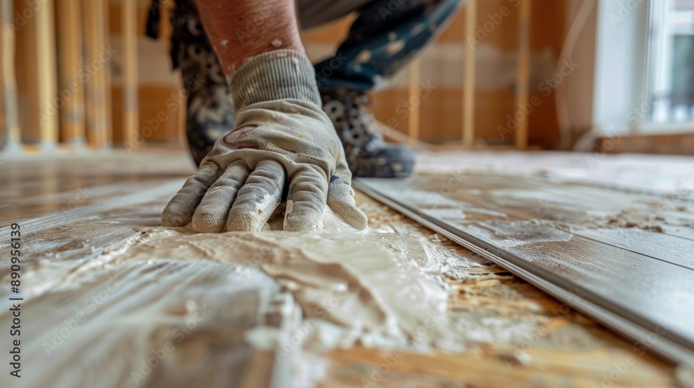 A worker applying a layer of underlayment before installing new laminate flooring, ensuring a smooth and stable surface A worker applying a layer of underlayment before installing new laminate flooring, ensuring a smooth and stable surface