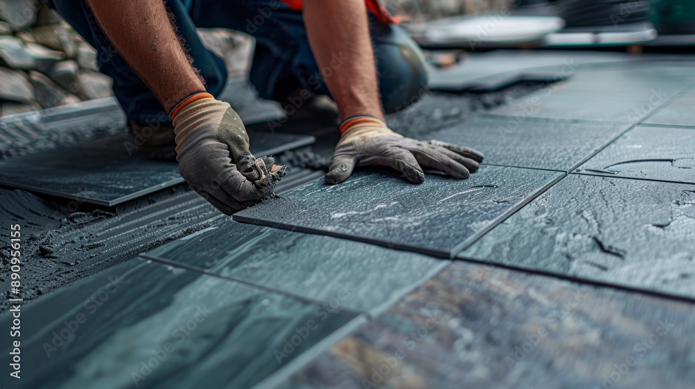 A worker carefully placing a new tile into position, ensuring it aligns perfectly with the surrounding tiles A worker carefully placing a new tile into position, ensuring it aligns perfectly with the surrounding tiles