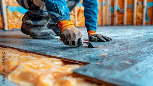 A worker applying a layer of underlayment before installing new laminate flooring, ensuring a smooth and stable surface