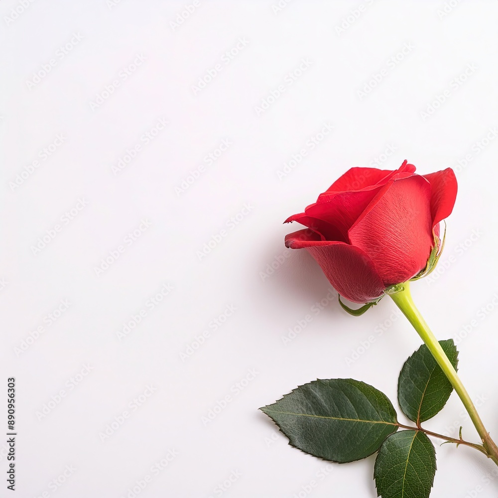 Obraz premium A single red rose flowers in the corner on a white background.