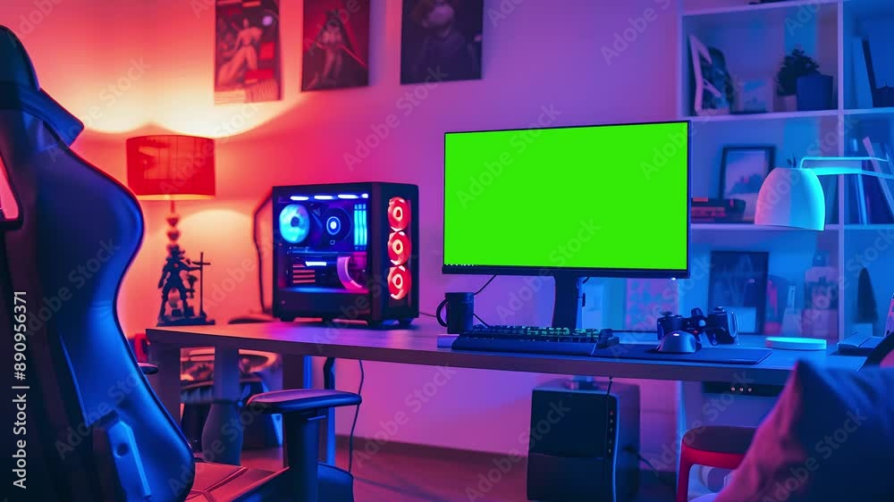 gaming setup, with a comfortable gaming chair, a PC with RGB lighting, and a monitor displaying a green screen gaming setup, with a comfortable gaming chair, a PC with RGB lighting, and a monitor displaying a green screen