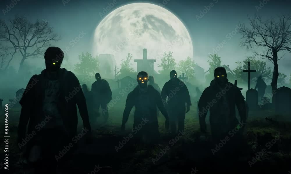 A group of zombies walk through a foggy graveyard. Scene is eerie and unsettling 4K Video A group of zombies walk through a foggy graveyard. Scene is eerie and unsettling 4K Video